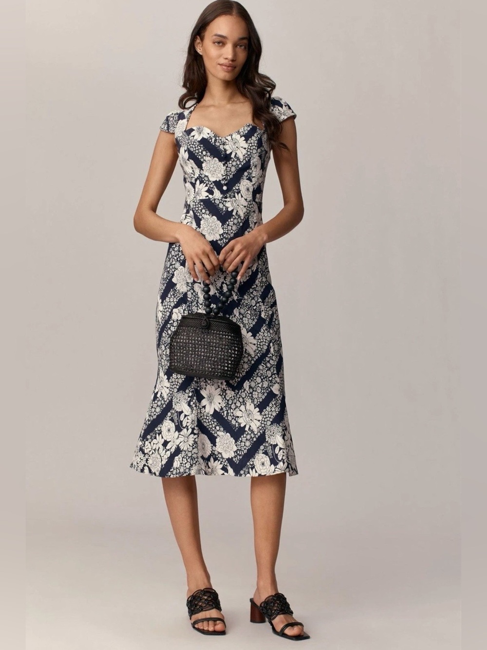 Anthropologie-Maeve The Cecily Fit & Flare Sweetheart Midi Dress Blue/White Sz L